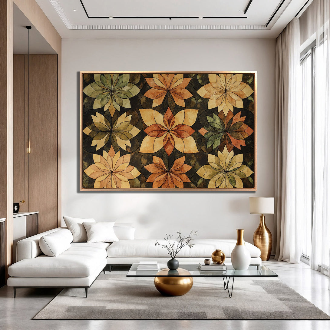 Framed Wall Art: Abstract floral design in warm earthy tones. Modern canvas print adds a touch of elegance to any living room. Shop now!