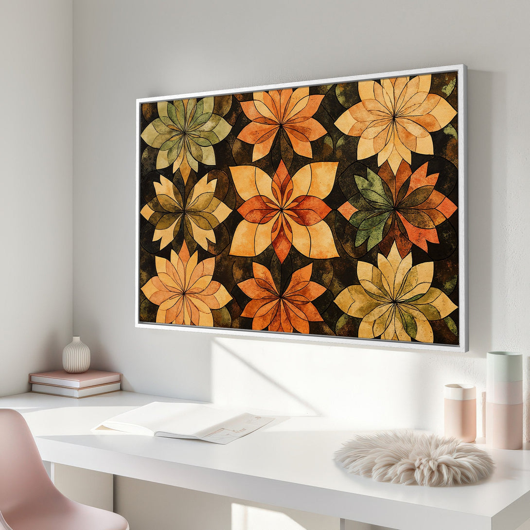 Framed Wall Art featuring a floral pattern in warm orange and green tones, perfect for adding a pop of color to any space.