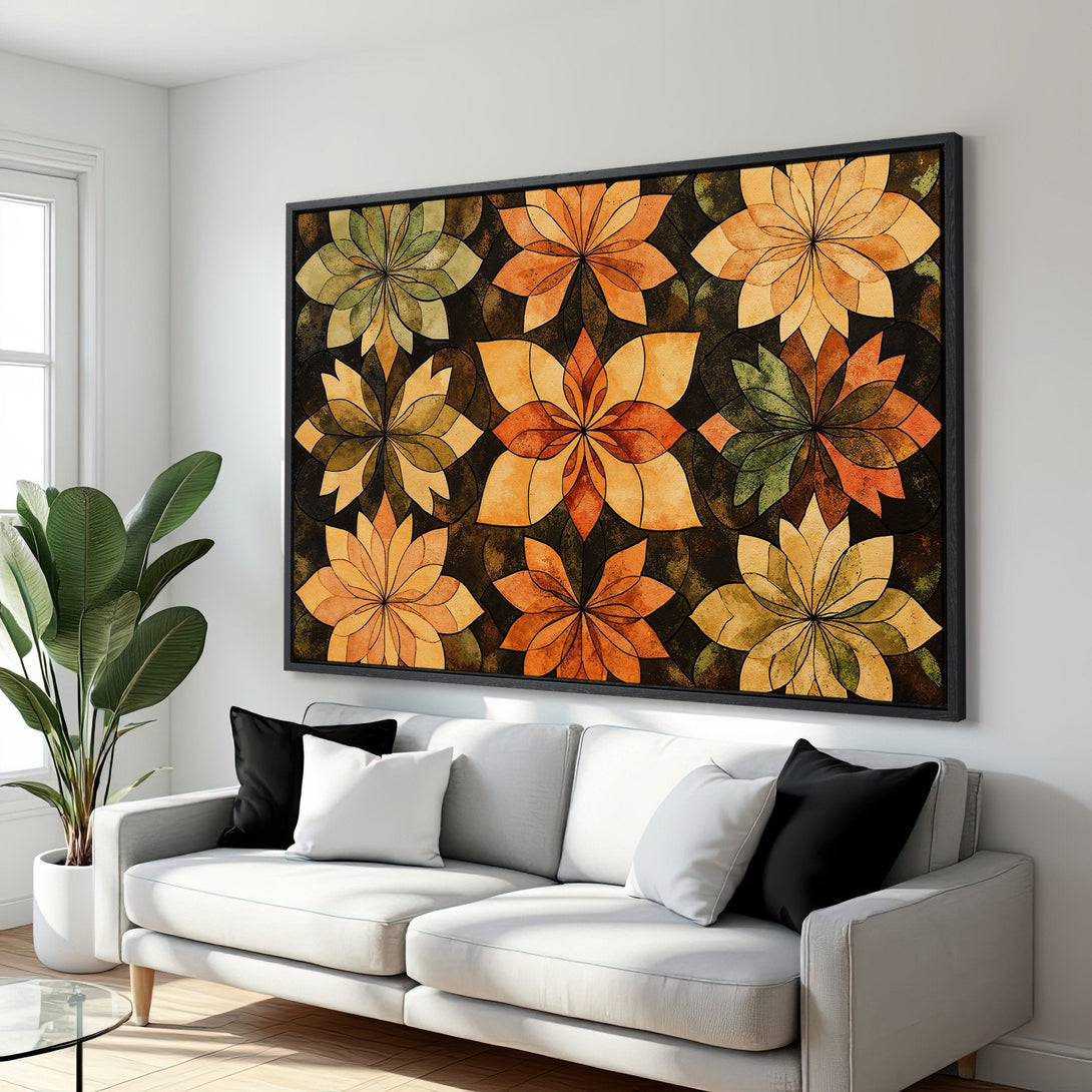 Framed Wall Art featuring floral design in warm orange and green tones. Adds a touch of modern elegance to any living room. Shop now!