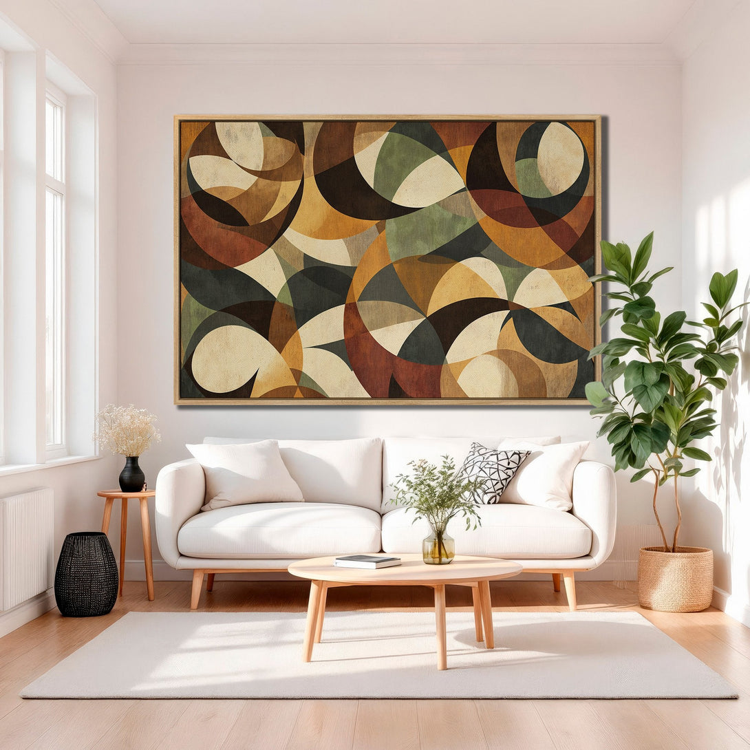 Framed Wall Art featuring abstract geometric design in warm earth tones. Modern canvas print adds a stylish touch to any living room decor.