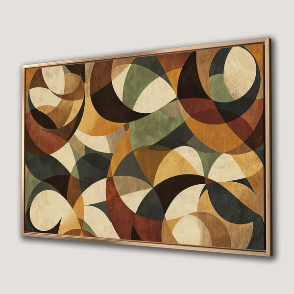 Framed Wall Art: Abstract geometric art in warm earth tones. Modern canvas print with a retro, mid-century modern style. Perfect for any room!