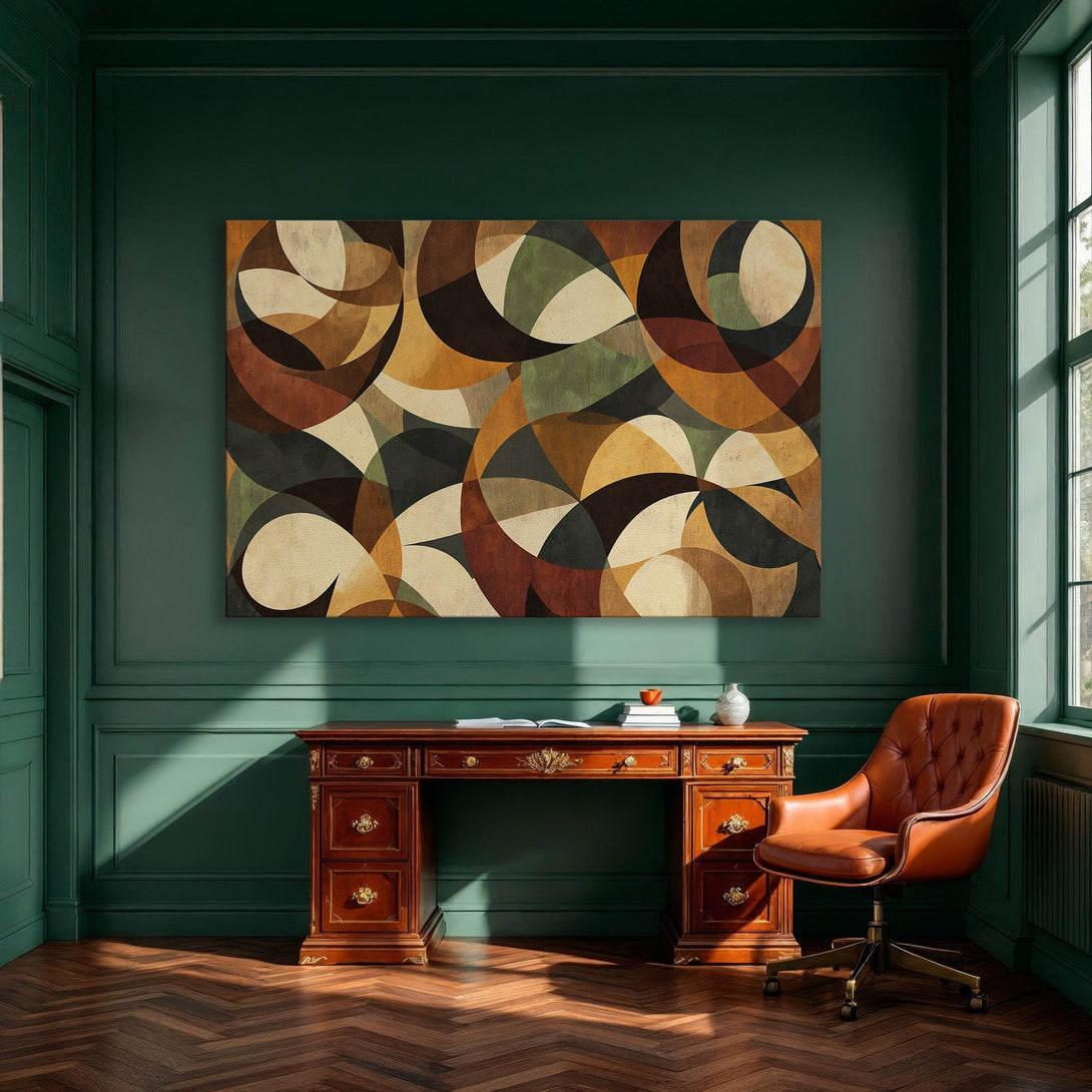 Framed Wall Art: Abstract geometric design in warm earth tones. Perfect for adding a modern touch to your dining room. Shop our canvas prints today!