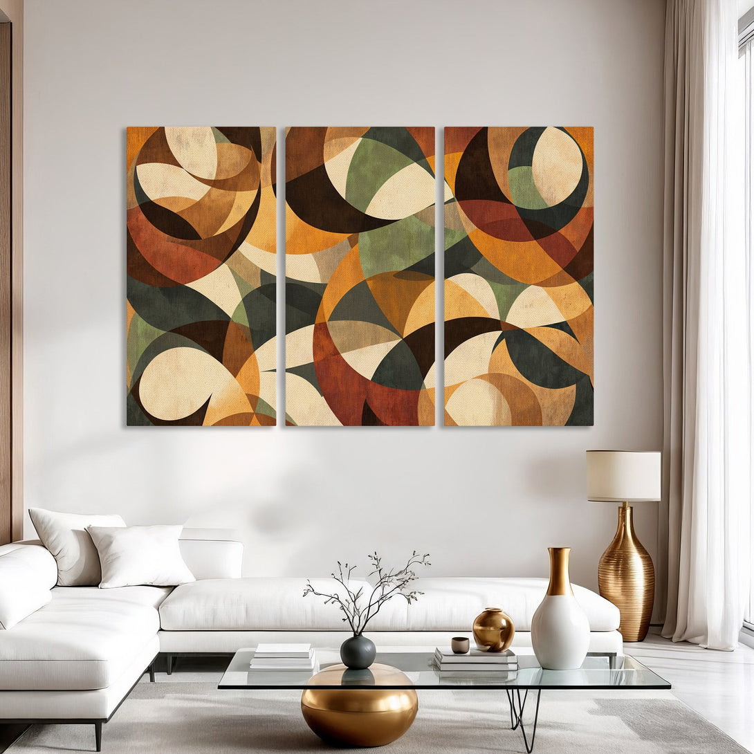Abstract Canvas Print in warm earth tones. Modern art for living room decor. Geometric design with orange, brown, and green hues.