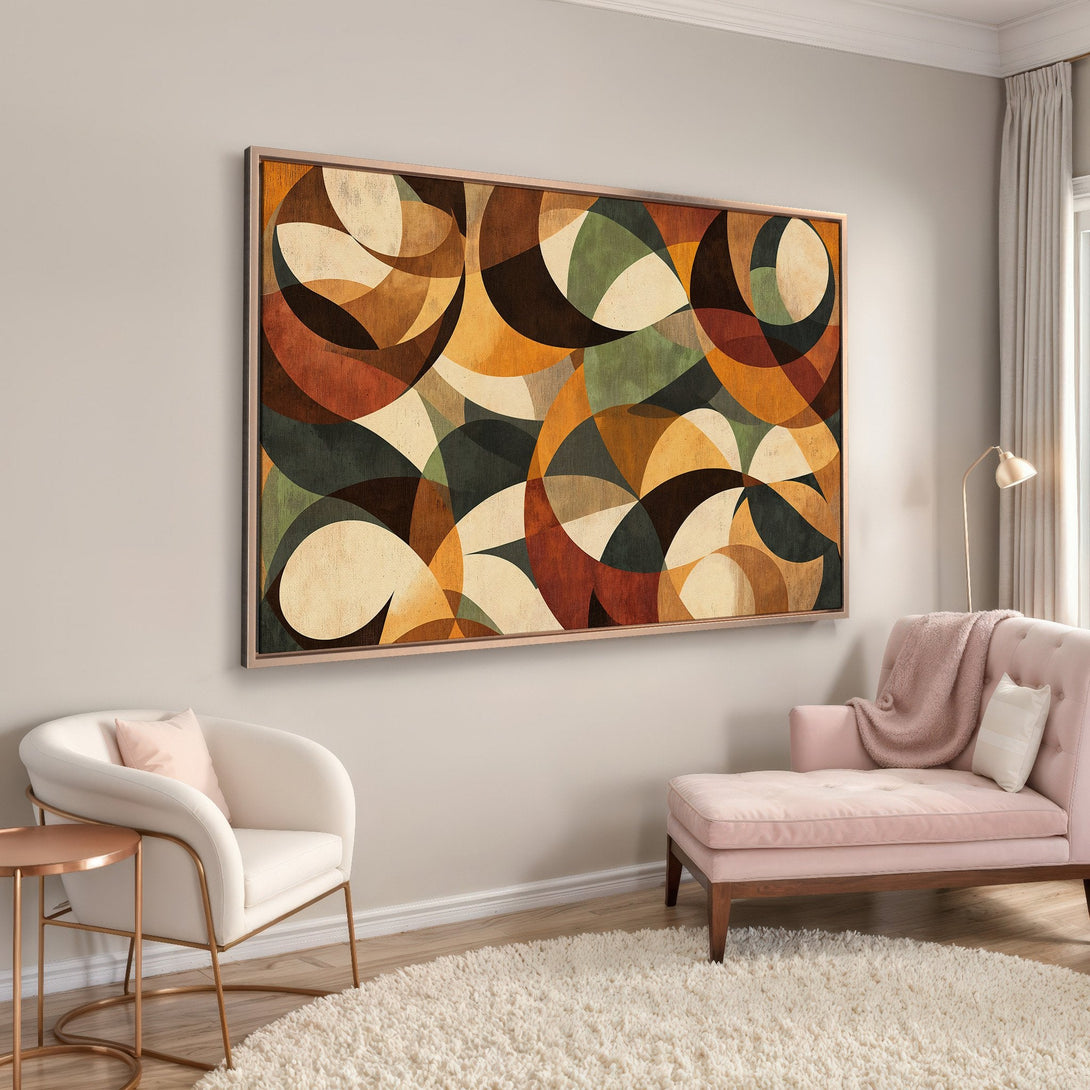Framed Wall Art: Abstract geometric design in warm earth tones. Modern art canvas print adds a stylish touch to any living room.