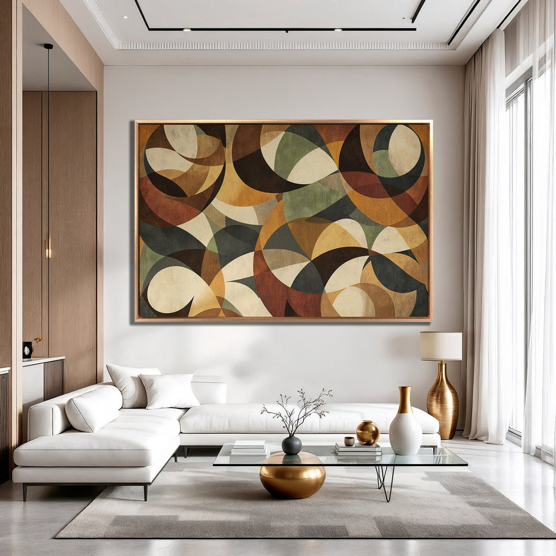 Framed Wall Art: Abstract geometric design in warm, earthy tones. Modern art canvas print adds a touch of elegance to any living room.