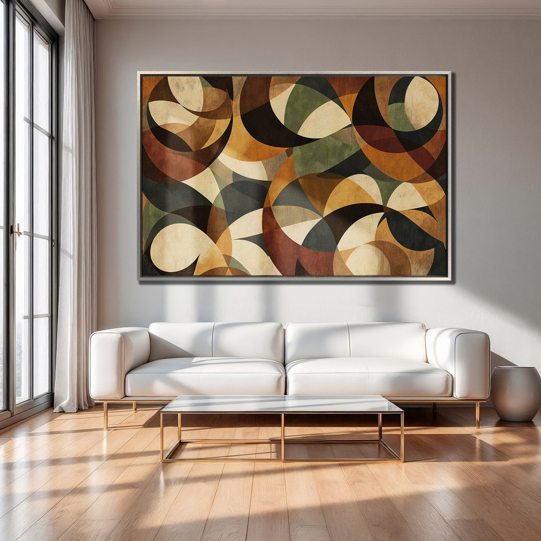 Framed Wall Art featuring an abstract geometric design in warm earth tones. Modern art print perfect for any living room.