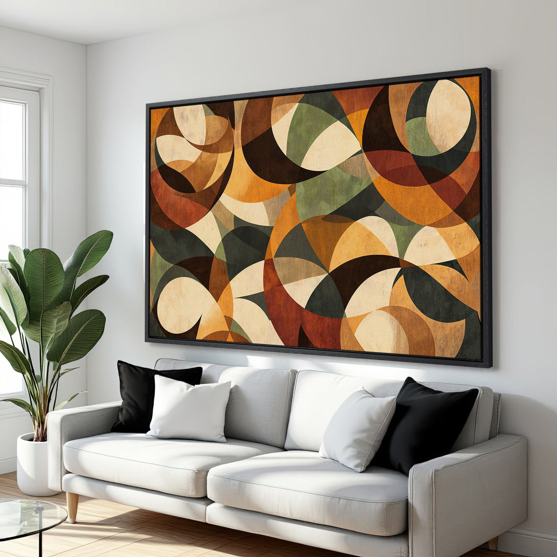 Framed Wall Art: Abstract geometric art in warm earth tones. Perfect for modern living rooms. Canvas Print featuring a stylish, colorful design.