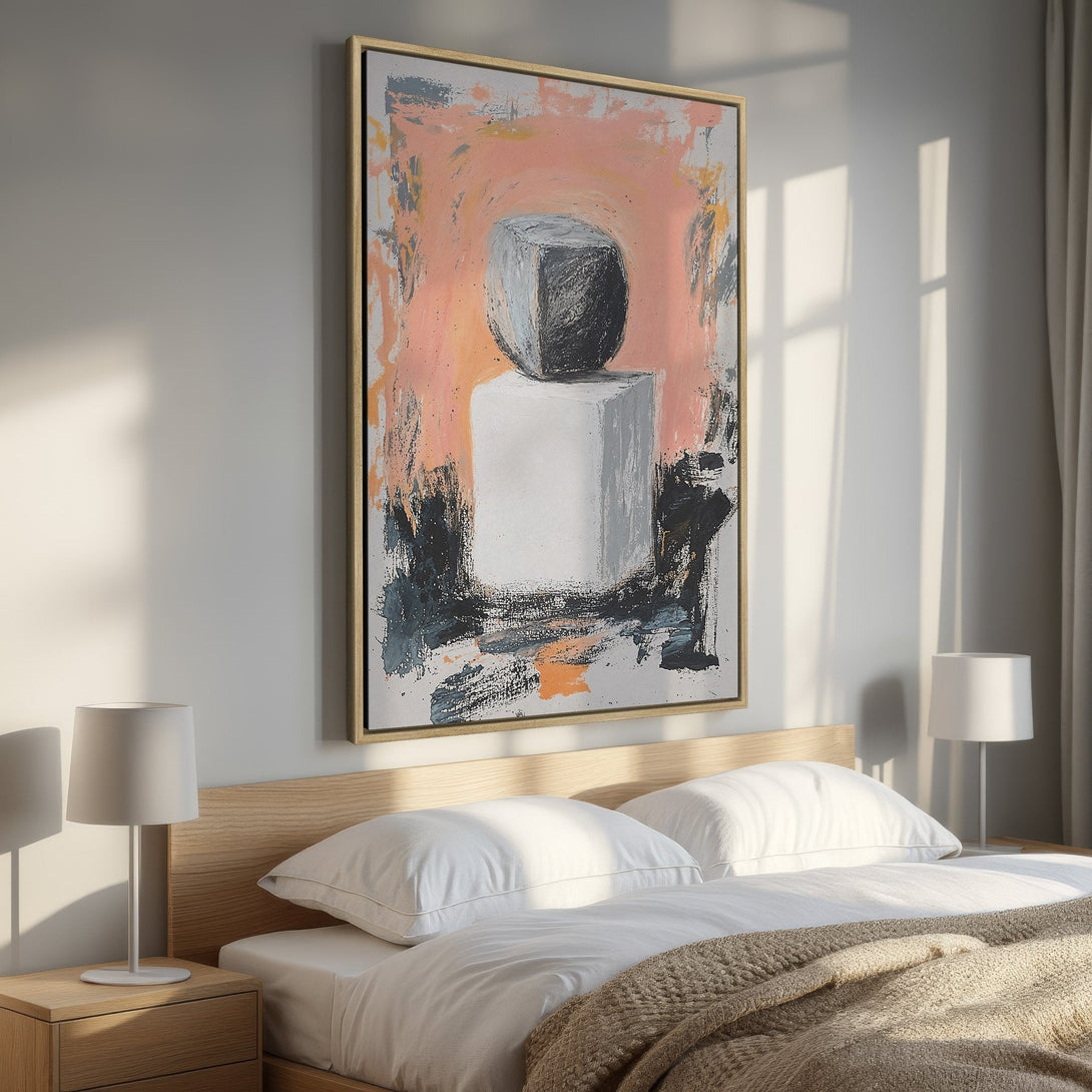 Framed Wall Art: Abstract geometric painting in a bedroom. Features a modern style with a peach, gray, and black color palette. Elevate your space!