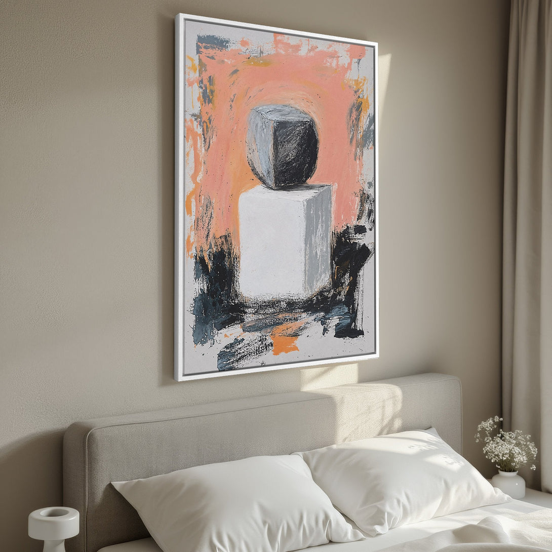Framed Wall Art abstract painting with geometric shapes and a peach, gray, and black color palette, perfect for adding modern art to your home.