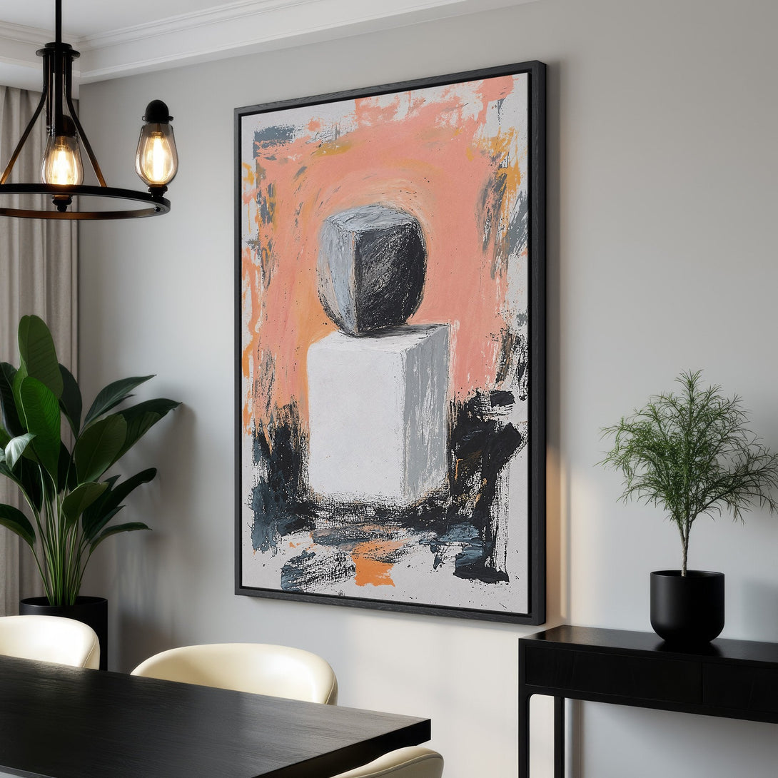 Framed Wall Art: Abstract geometric painting with peach, black, and gray tones. Modern art canvas print perfect for adding a touch of sophistication to your space.