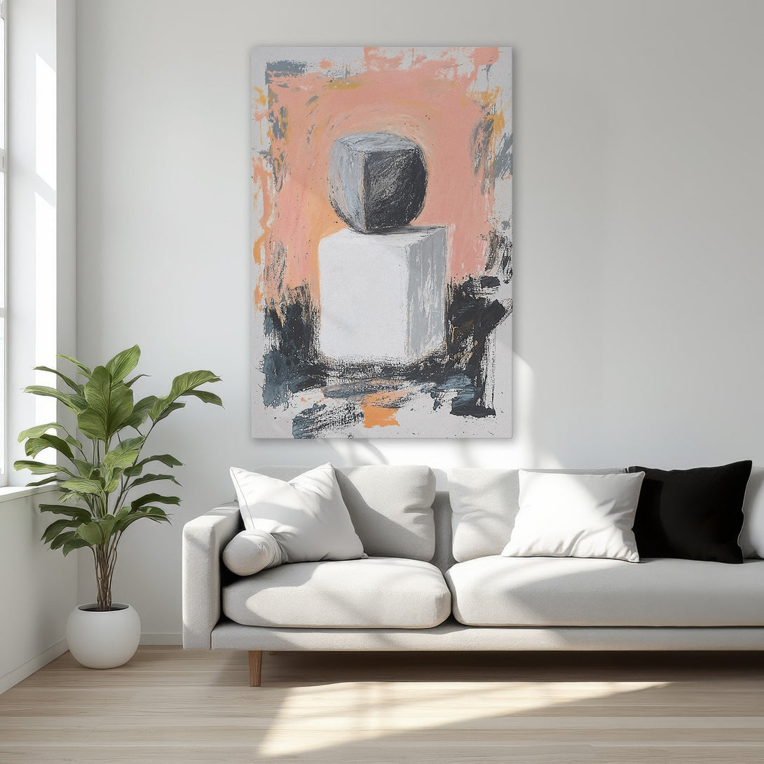 Framed Wall Art featuring abstract geometric art in a modern style with a peach, gray, and black color palette, perfect for any interior design.