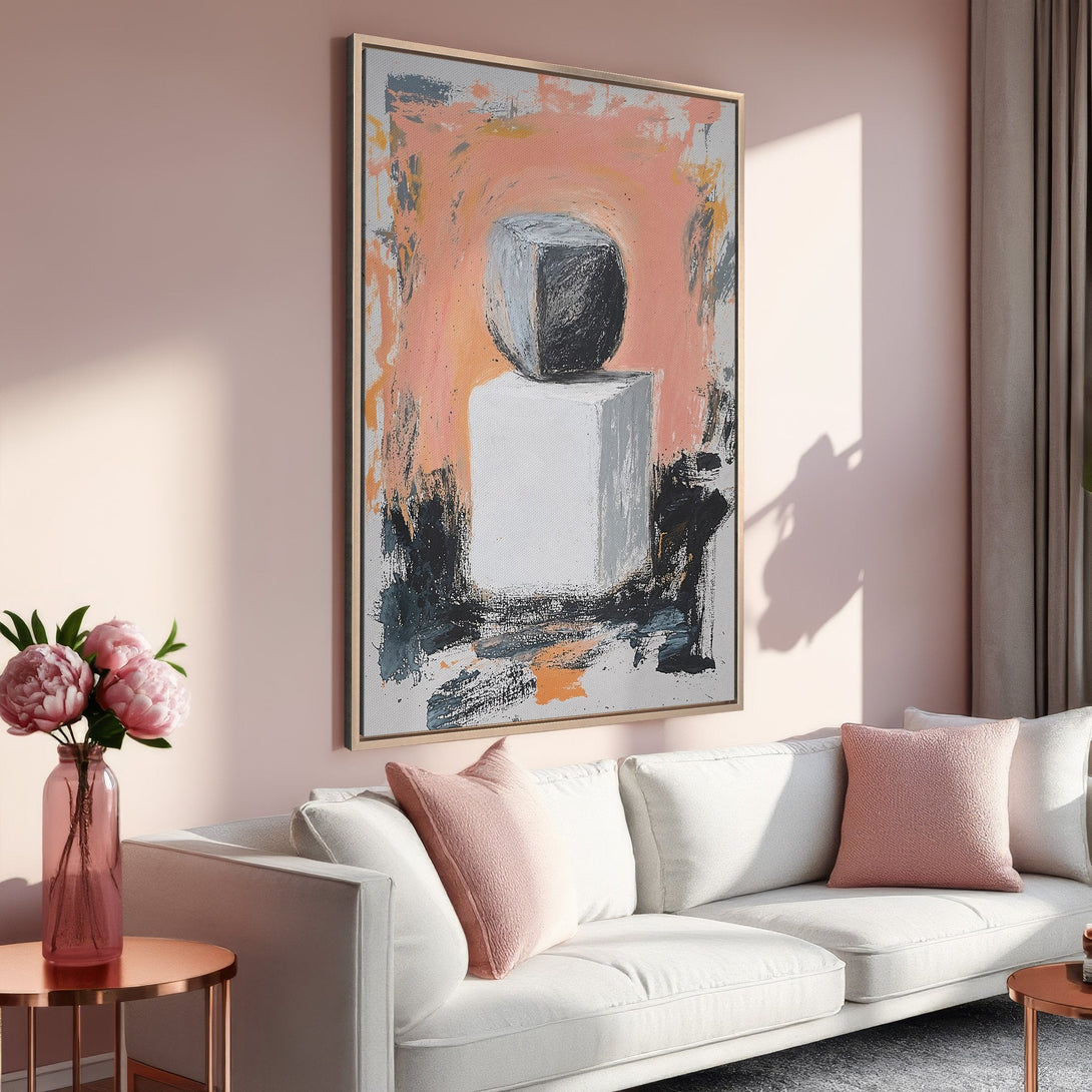 Framed Wall Art abstract painting in blush, gray, and black. Modern art canvas print adds a touch of elegance to any living room.