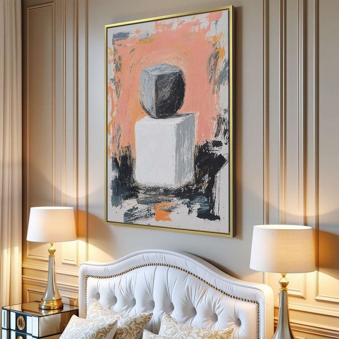 Abstract Canvas Print in a modern interior. Features geometric shapes, a peach and gray color palette. Elevate your space with this stylish wall art.