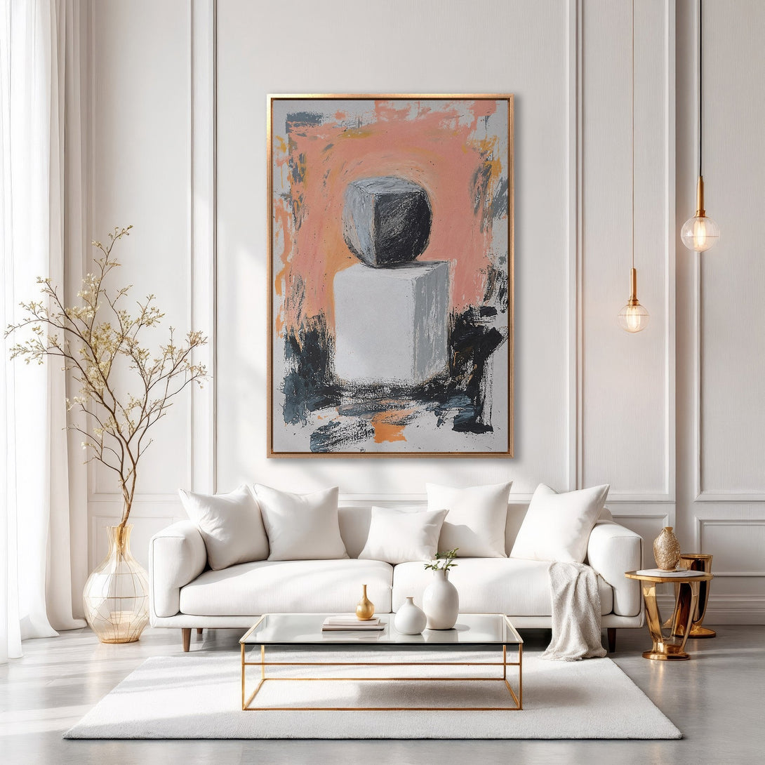 Framed Wall Art: Abstract geometric canvas print in a modern living room. Features a peach, gray, and black color palette, perfect for contemporary decor.