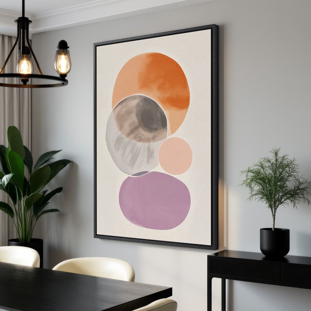 Framed Wall Art featuring abstract geometric shapes in orange, gray, and purple. Modern art Canvas Print adds a pop of color to any interior.