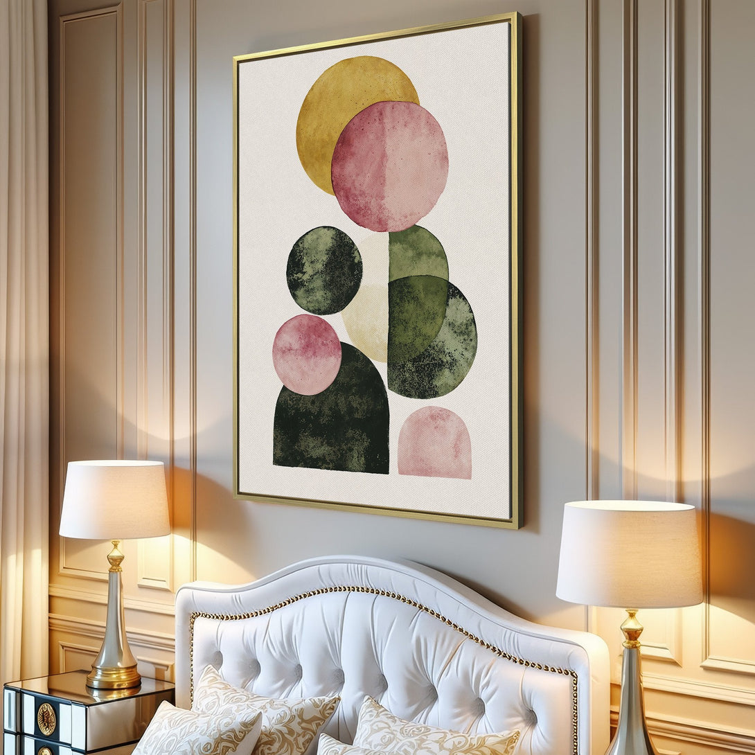 Abstract Canvas Print in a modern interior. Features a watercolor style with a palette of pink, green, and gold. Perfect for living room decor.