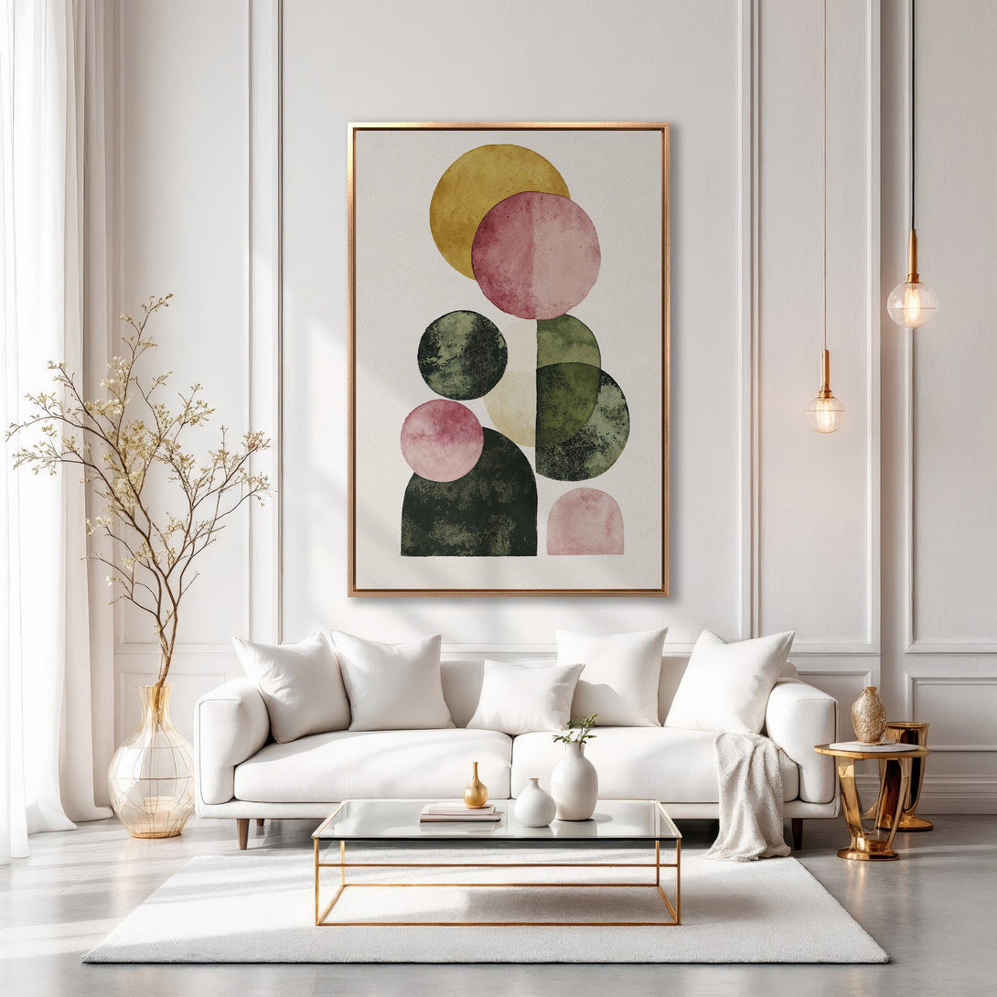 Framed Wall Art: Abstract geometric art in a modern living room. Features a warm color palette of pink, green, and gold. Elevate your space!