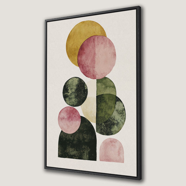 Framed Wall Art featuring abstract watercolor shapes in earthy tones. Modern art for your home, featuring a warm color palette of pink, green, and gold.