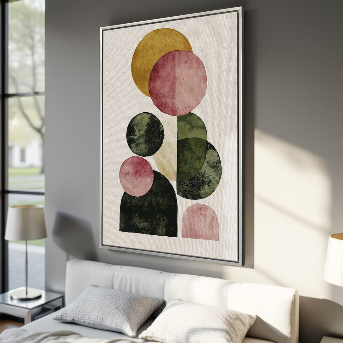 Framed Wall Art: Abstract watercolor art in earthy tones. Modern canvas print with geometric shapes in pink, green, and gold, perfect for bedroom decor.