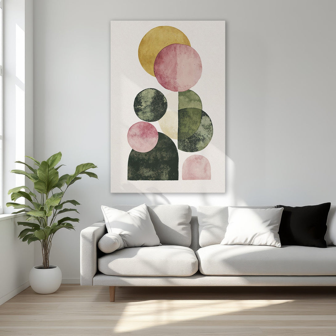 Framed Wall Art featuring abstract geometric shapes in earthy tones. Modern art canvas print perfect for bedroom decor.