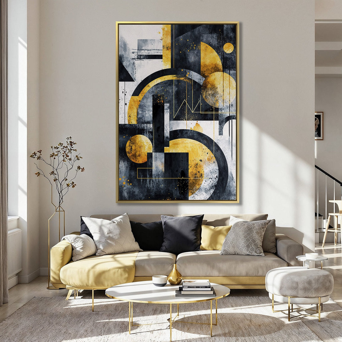 Abstract Canvas Print with geometric shapes in a modern style. Features a black, gold, and white color palette, perfect wall art for any room.