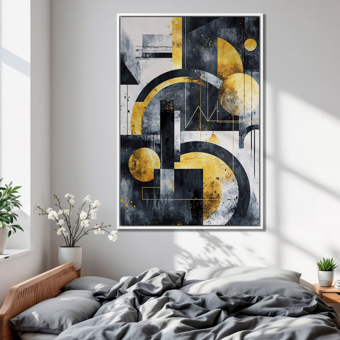 Framed Wall Art: Modern abstract geometric art in black, gold, and gray. Perfect for bedroom decor. Enhance your space with this stylish canvas print.