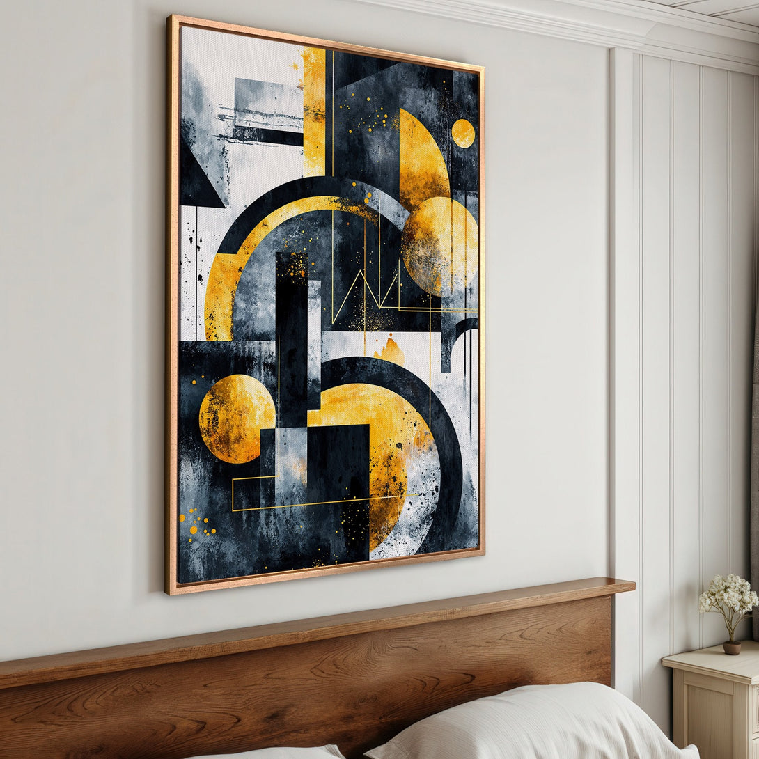 Framed Wall Art: Abstract geometric art in a modern style with a navy, gold, and white color palette. Perfect for bedroom decor!
