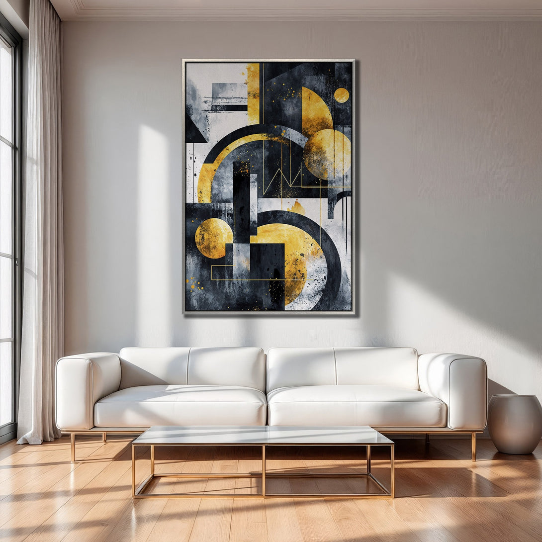 Framed Wall Art: Modern abstract art print with gold, black, and white geometric shapes. Perfect for adding a touch of sophistication to your living room.