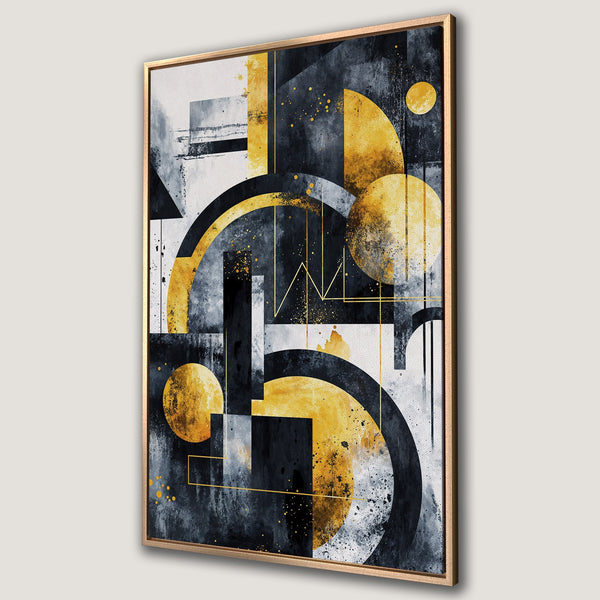 Framed Wall Art: Abstract geometric canvas print in black, gold, and gray. Modern art for your home decor.