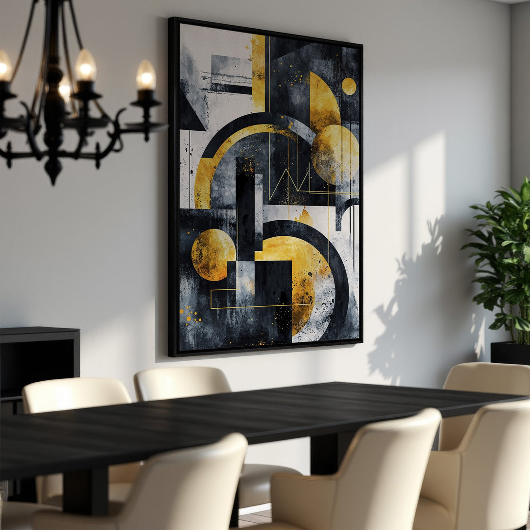 Framed Wall Art: Abstract geometric canvas print in a modern dining room. Features a black, gold, and gray color palette, perfect for contemporary decor.