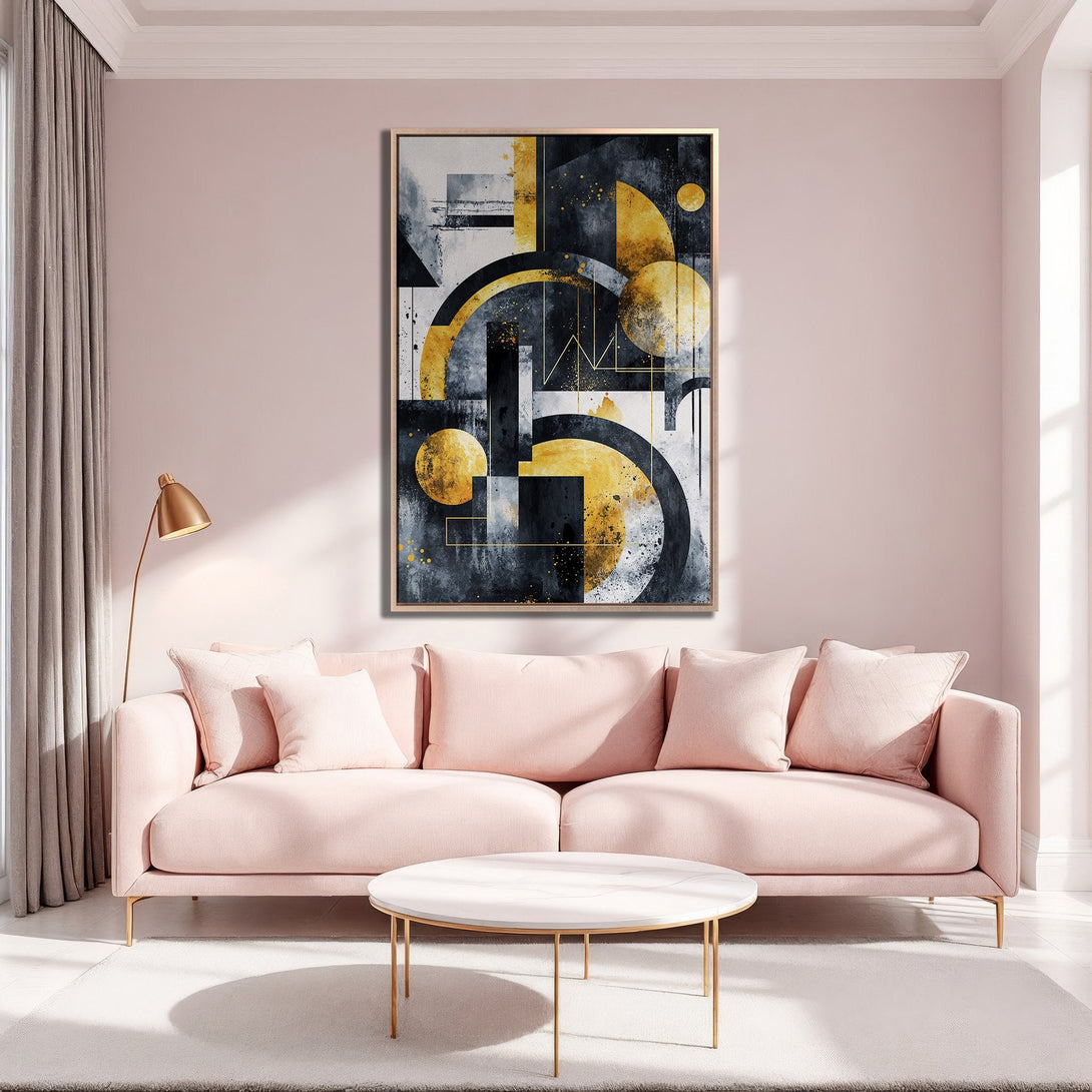 Framed Wall Art: Modern abstract art in black, gold, and gray hues. Perfect for adding a touch of elegance to any living room.