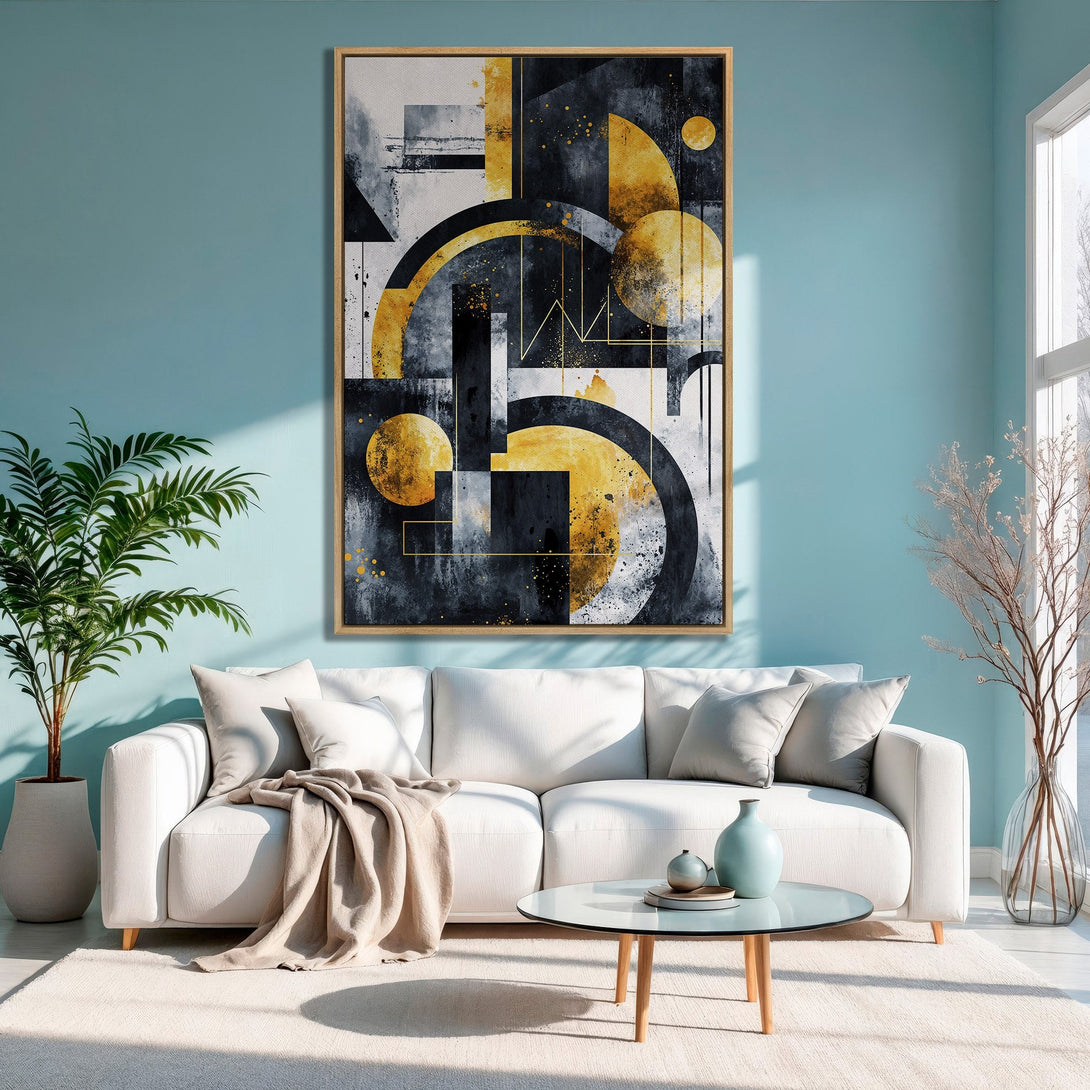 Framed Wall Art featuring abstract geometric design in black, gold, and gray. Modern canvas art for living room decor.
