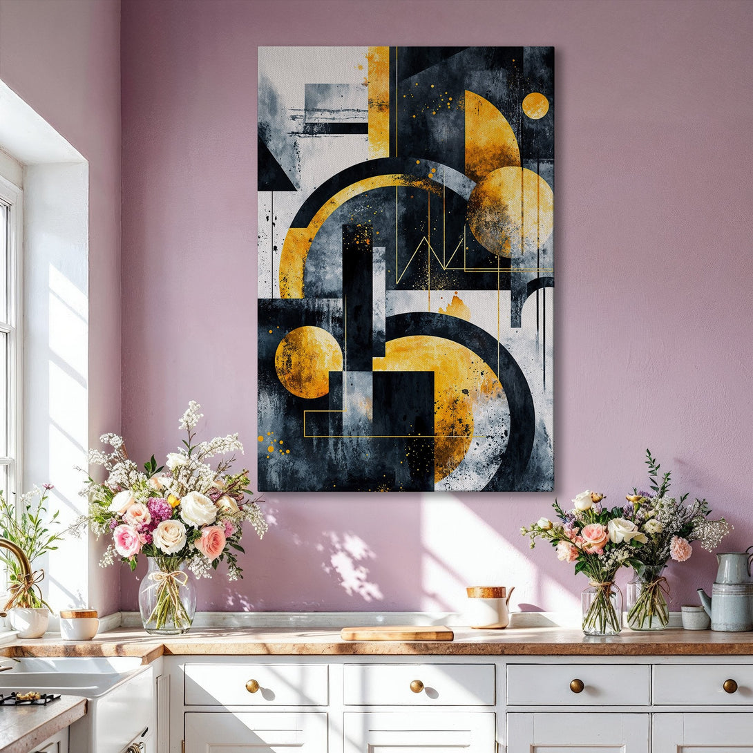 Framed Wall Art: Modern abstract art print with geometric shapes in gold, black, and gray. Perfect for adding a touch of elegance to your living room.
