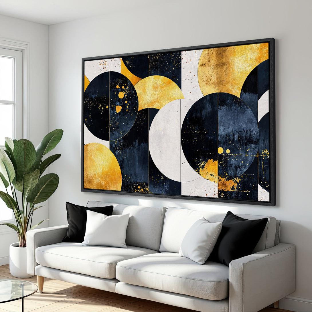 Framed Wall Art: Abstract geometric art print in gold, navy, and white. Modern wall decor for living room or bedroom.
