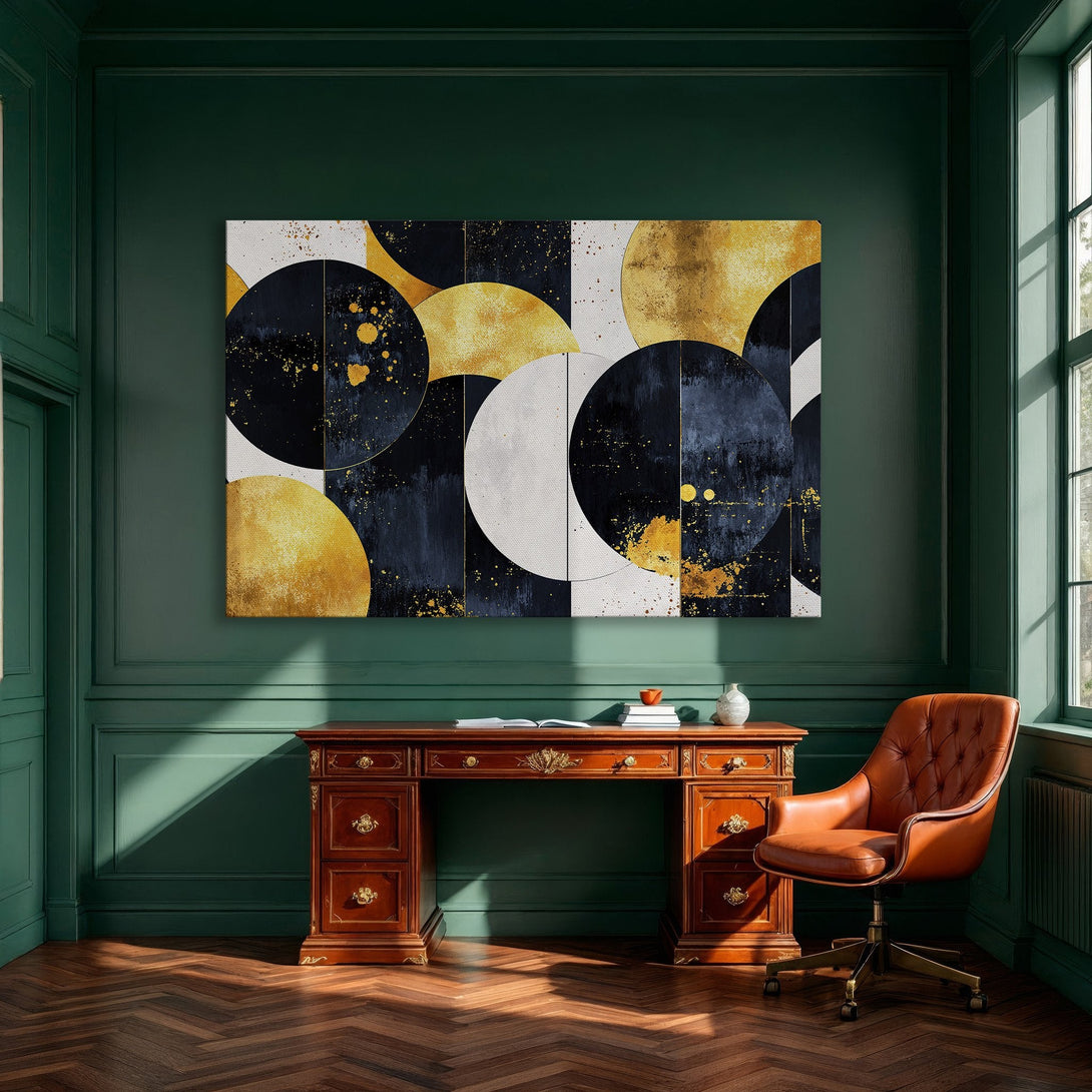 Framed Wall Art: Abstract geometric canvas print in gold, navy, and white. Modern art for dining room decor.