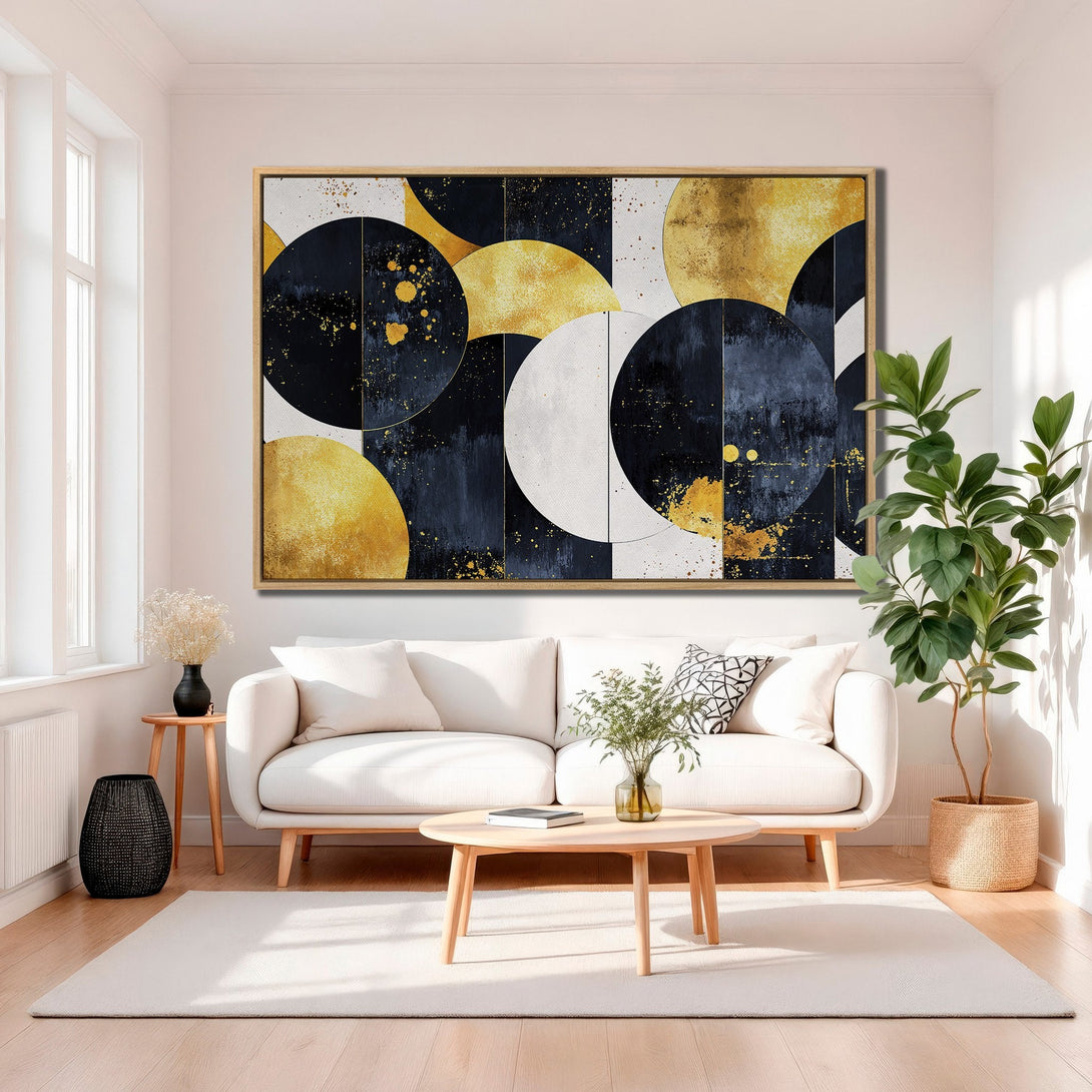 Framed Wall Art featuring abstract geometric design in gold, navy, and white. Modern canvas print perfect for living room decor.