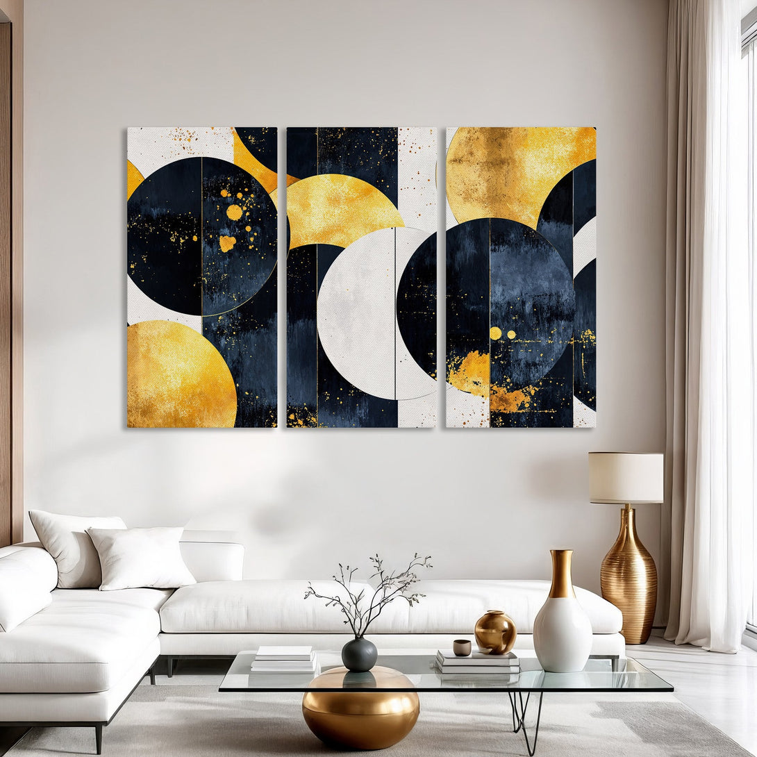 Abstract Canvas Print art in a modern interior. Features geometric shapes in navy, gold, and white. Enhance your home decor with this stunning wall art.