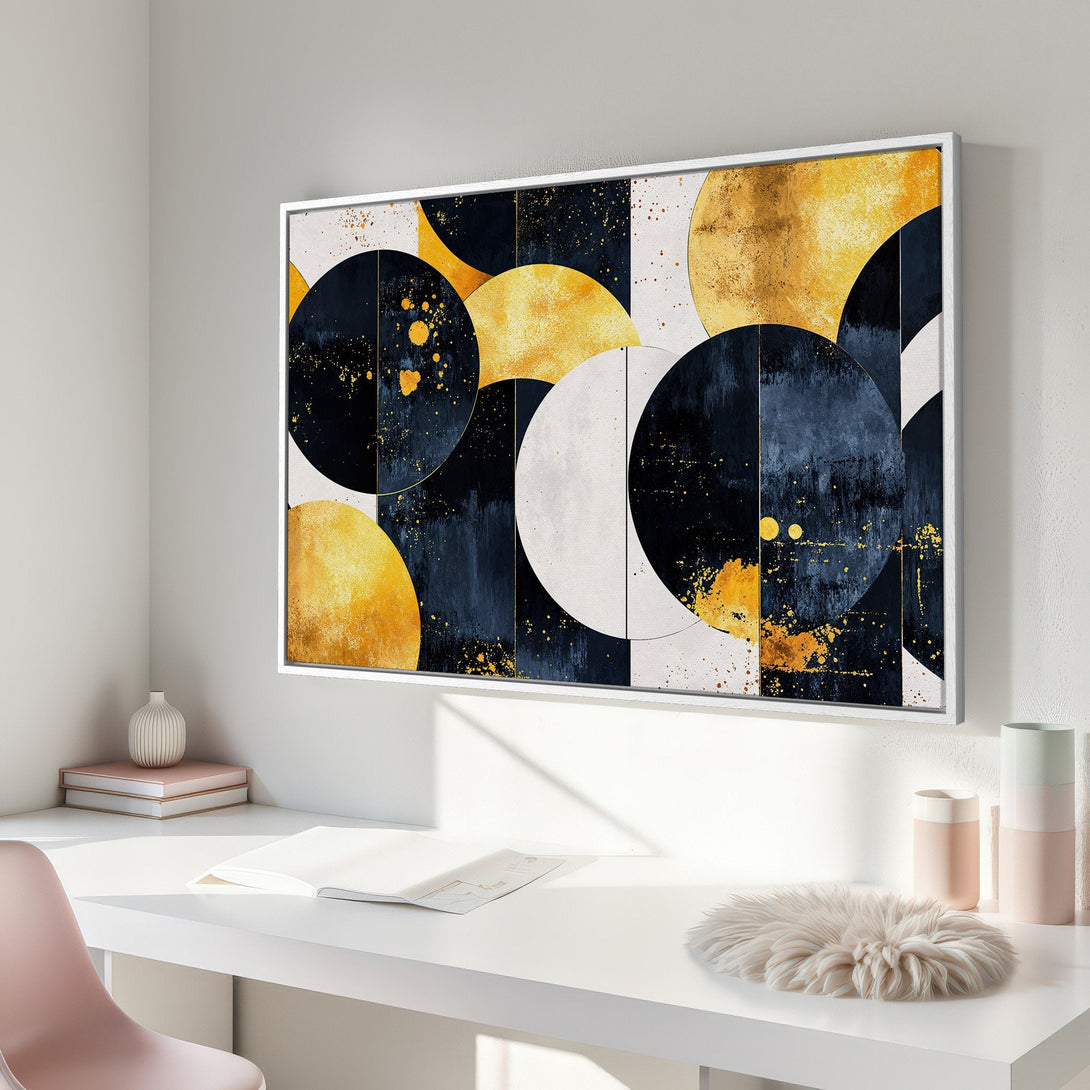 Framed Wall Art: Abstract geometric design in navy, gold, and white. Modern art canvas print adds a touch of elegance to any interior space.