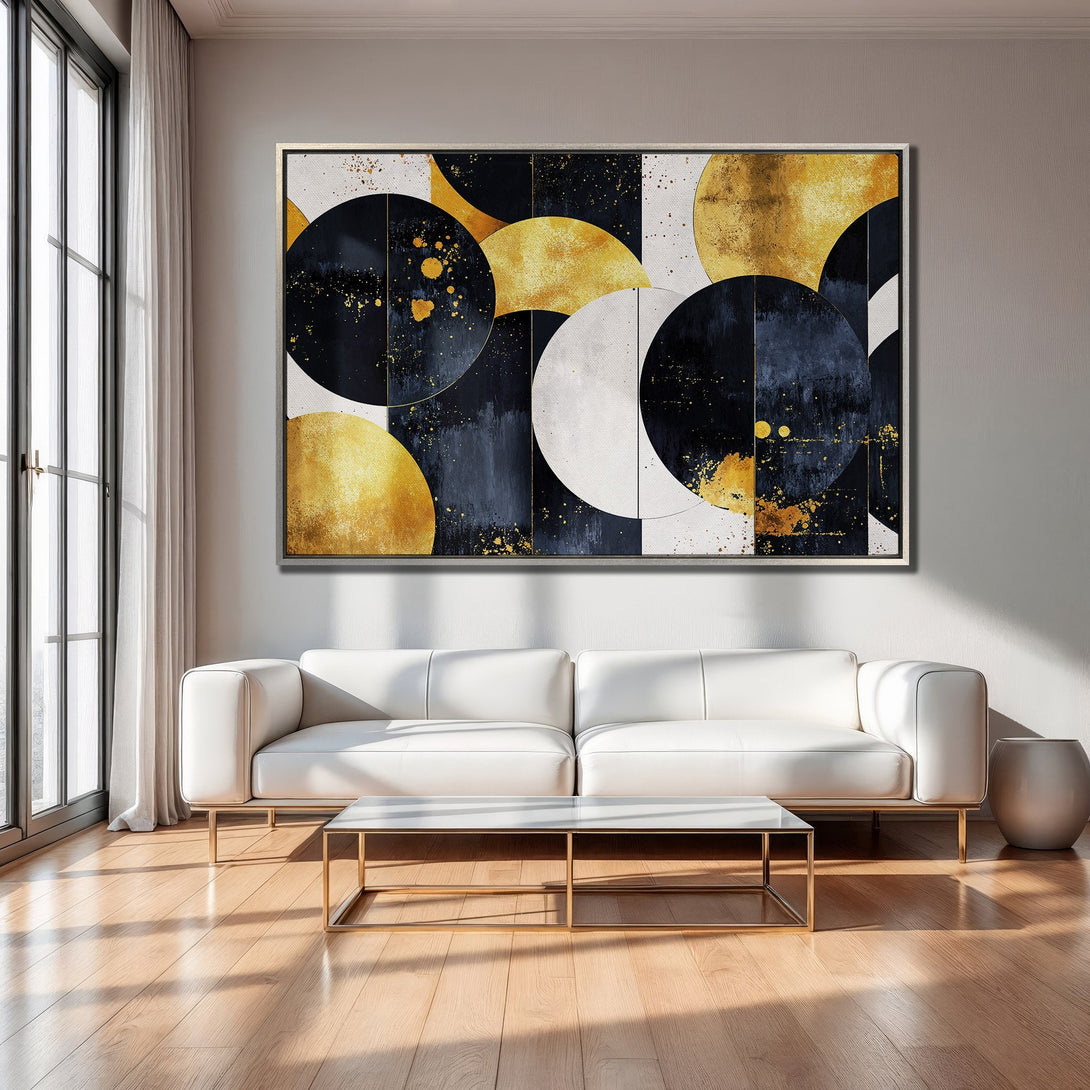 Framed Wall Art: Abstract geometric circles in gold, black, and white. Modern art print adds elegance to any living room. Shop now!