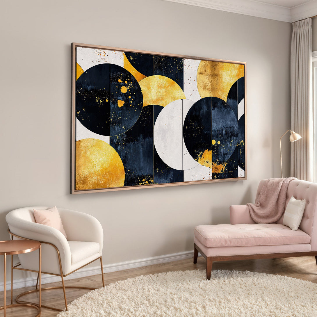 Framed Wall Art featuring an abstract geometric design in gold, navy, and white. Modern art for home decor, adding a touch of elegance to any space.