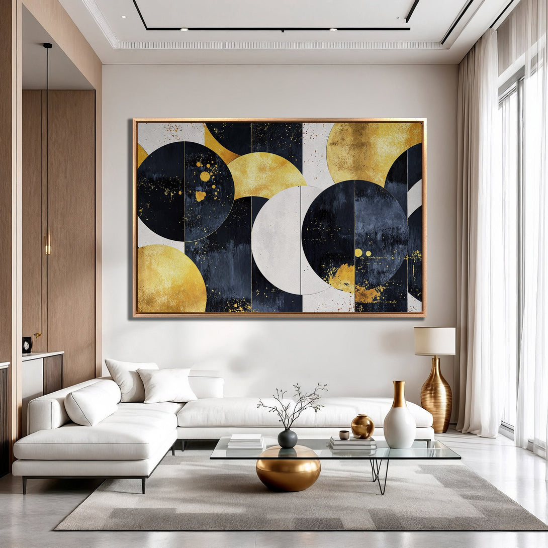 Framed Wall Art: Abstract gold and navy blue circle design canvas print in a modern living room. Elevate your space with stylish wall decor.
