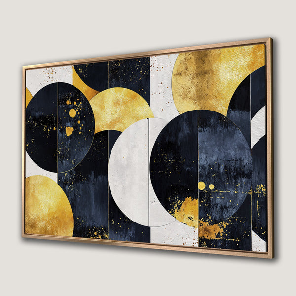 Framed Wall Art: Abstract geometric canvas print in navy, gold, and white. Modern art for home decor, featuring circles and splatters.