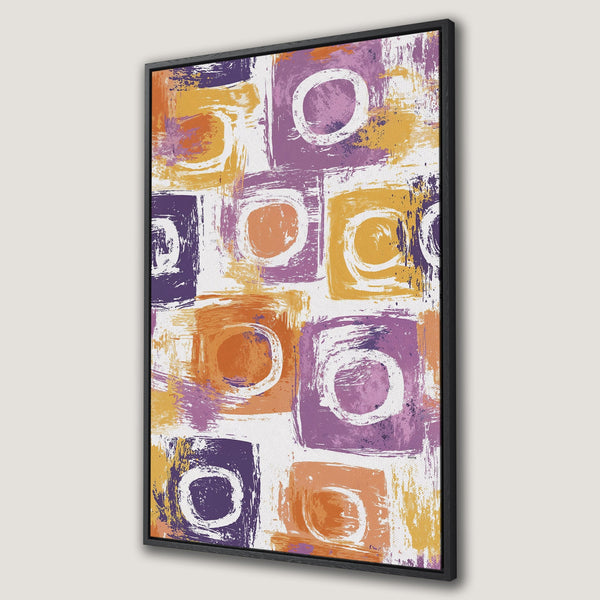 Abstract Canvas Print with colorful brushstroke design in purple, orange, and yellow. Modern framed wall art for home decor.