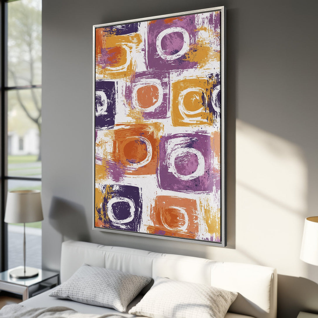 Framed Wall Art: Abstract art canvas print with bold brushstrokes in orange, purple, and white. Modern art for bedroom decor.