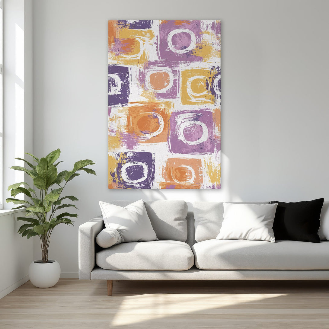 Framed Wall Art: Abstract art in warm tones of orange, purple, and yellow. Modern canvas print adds a pop of color to any interior.
