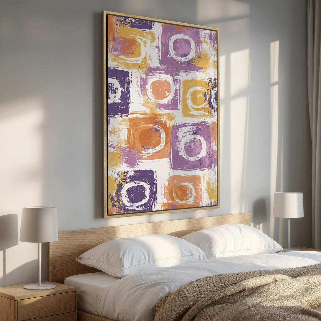 Framed Wall Art: Abstract brushstroke art in purple, orange, and yellow. Modern Canvas Print adds a pop of color to any bedroom decor. Shop now!