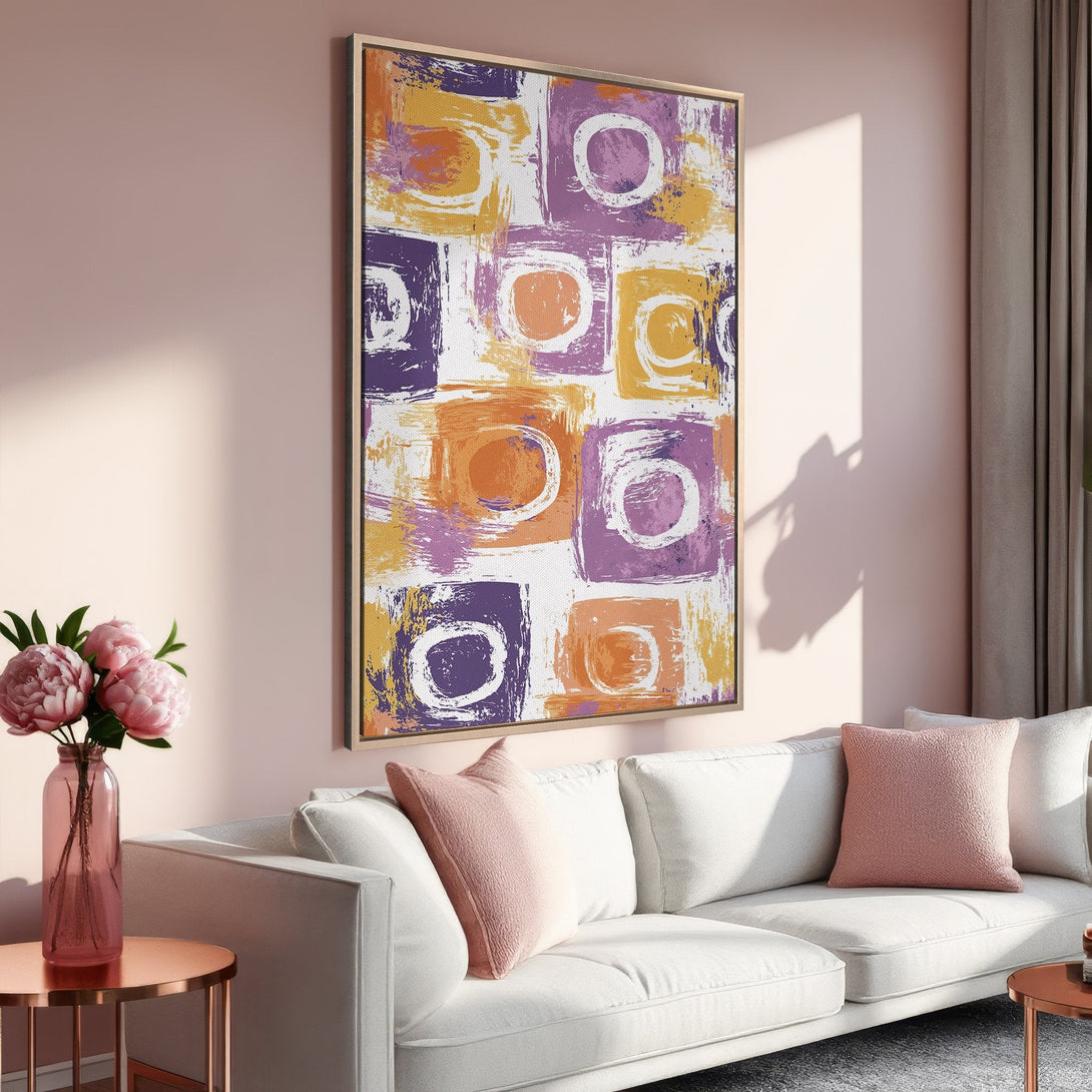 Framed Wall Art: Abstract brushstroke design in purple, orange, and yellow. Modern canvas print adds a pop of color to any living room. Shop now!