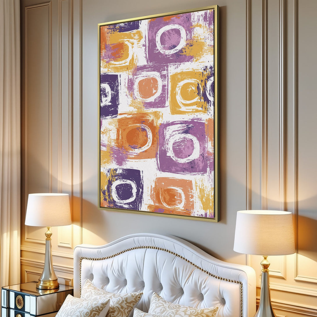 Canvas Print: Abstract art in a modern interior. Features a colorful, brushstroke design in purple, orange, and yellow. Perfect for adding a pop of color!