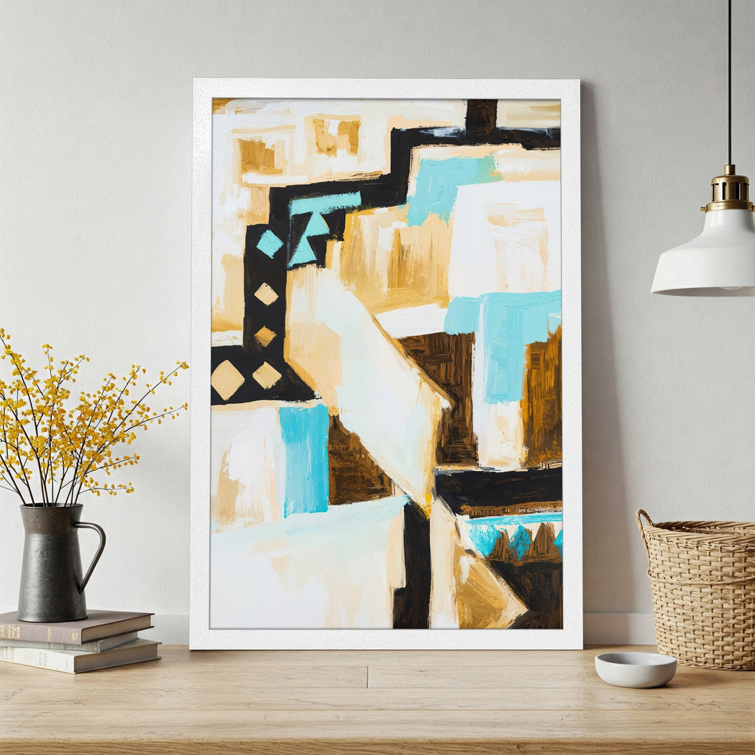 Framed Poster featuring abstract art with a modern style. Earthy tones with pops of blue create a calming and stylish decor piece.