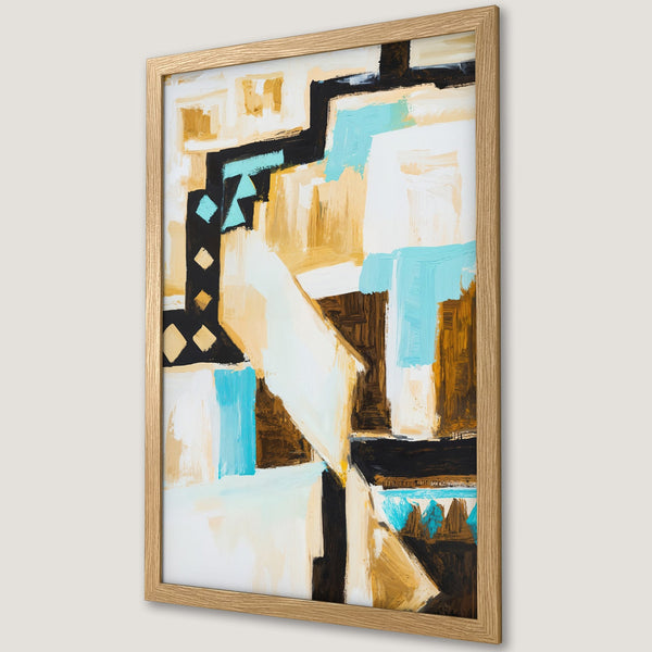 Framed Poster featuring abstract art in a modern style with a warm color palette of brown, black, white, and teal.